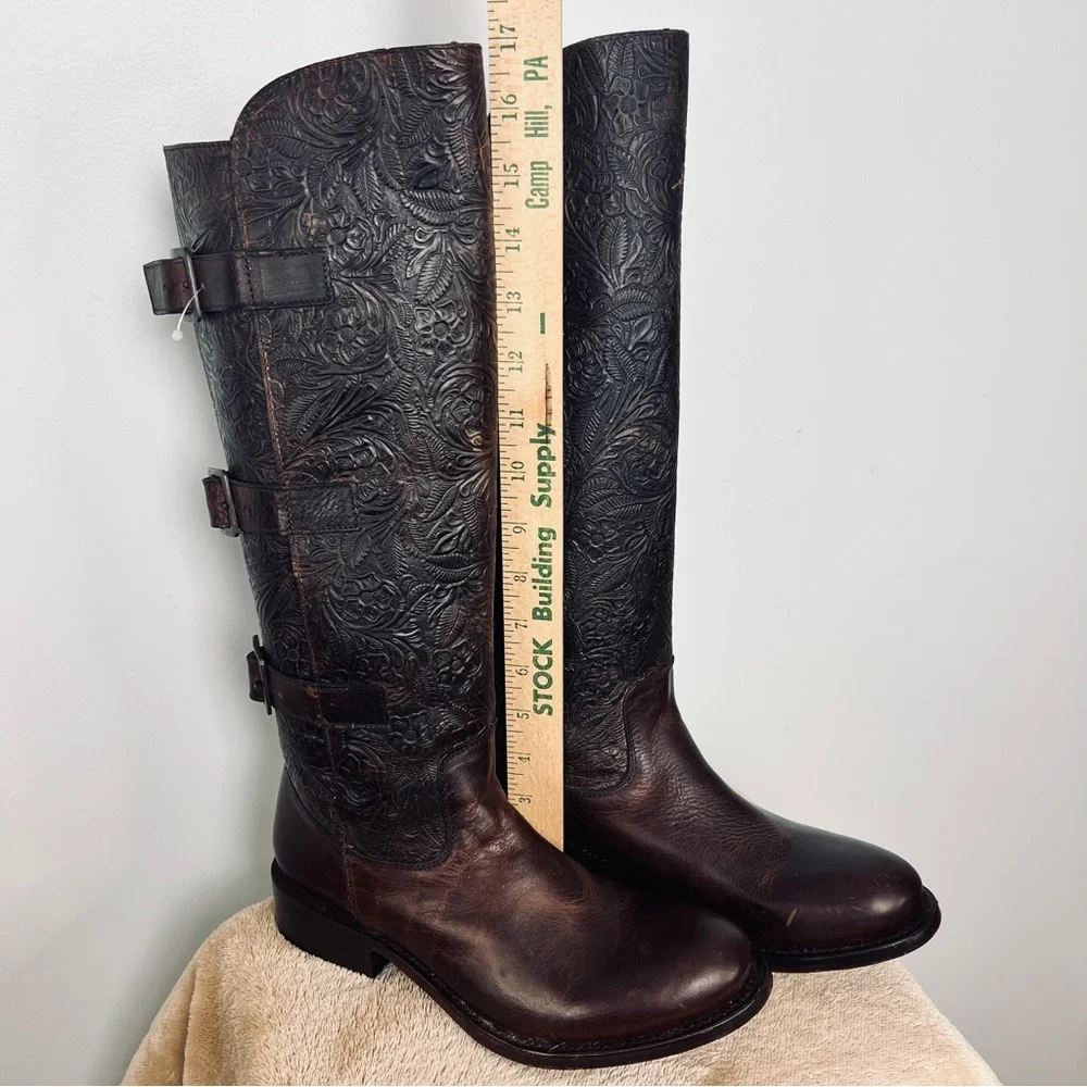 J.B. Dillon Maddie Tall Embossed Leather Harness Boots Brown Women’s 8.5B